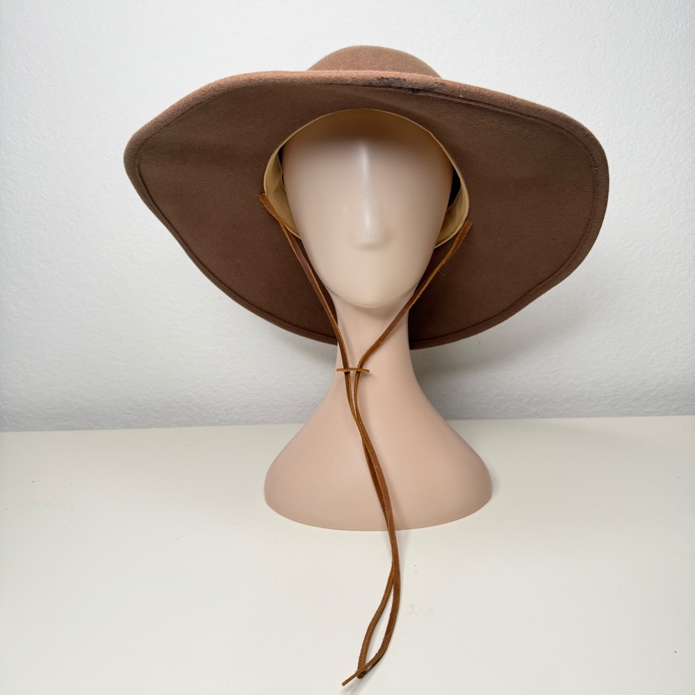 Femsee Floppy Hat Womens Brown 100% Wool Wide Brim Leather Strap Boho M